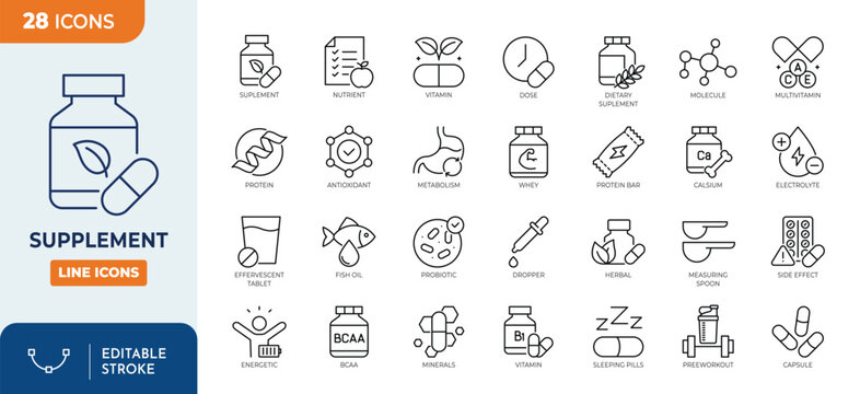 Supplement line editable icon set. Containing vitamin, nutritional Supplements, capsule, protein, minerals, herbal, probiotic, antioxidant and more. Editable stroke. Vector illustration