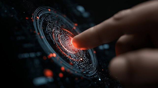 Secure digital identity authentication with a finger touching a glowing biometric fingerprint scanner, representing advanced cybersecurity and personal data protection in a futuristic interface.