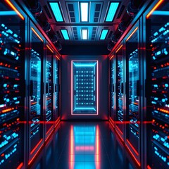 A neon-lit server room with glowing red and blue lights