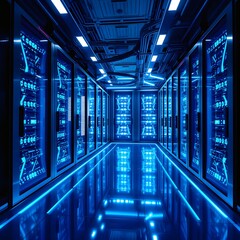 A bright blue data center corridor with reflections
