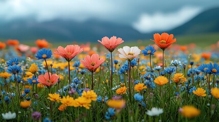 Naklejka premium Vibrant flower field in a meadow. Colorful blossoms of various hues bloom amidst lush greenery. A picturesque landscape under a cloudy sky