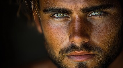 Obraz premium Close-up portrait of a man with intense gaze. Sun-kissed complexion, defined facial features, and captivating eyes