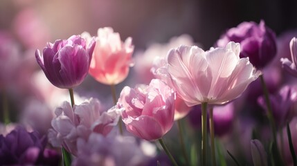 Naklejka premium Stunning Pastel Pink and Purple Tulips in a Spring Garden
