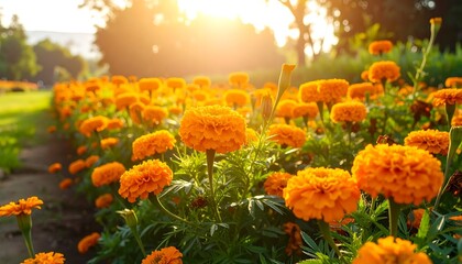 Vibrant orange marigold flowers in a garden at sunset