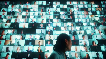 Young Woman Standing in Front of a Wall Displaying Video Conference Participants in Dark Background - Powered by Adobe
