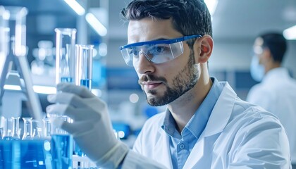 Focused scientist examines test tubes
