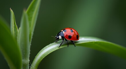 Fototapeta premium A ladybug with red shell and black spots rests on a green leaf, surrounded by blurred foliage.