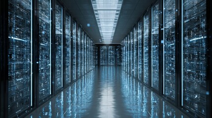 Futuristic glowing server room with rows of illuminated data racks, symbolizing technology, innovation, and digital infrastructure powering the modern world.