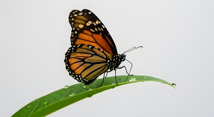 Obraz premium A beautiful Monarch butterfly rests on a dewy green leaf against a plain white background.