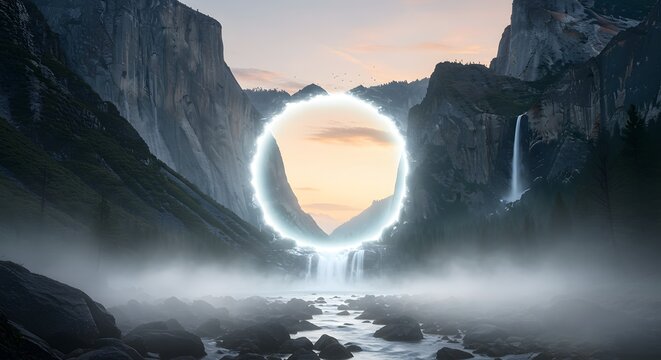 A mystical glowing portal floats above a misty river in a majestic mountain valley with a waterfall. - Powered by Adobe