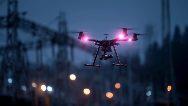 Closemedium shot of a drone conducting a nighttime thermal scan on power transformers drone illuminated and background dimly out of focus.