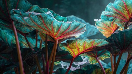 Close-up view of large, vibrant teal and red leaves with intricate veins, illuminated from below in a mystical, otherworldly garden.