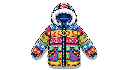 A colorful, cartoon-style winter coat with a hood, zipper, and detailed patterns.