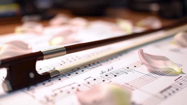 Violin Bow and Sheet Music with Rose Petals
