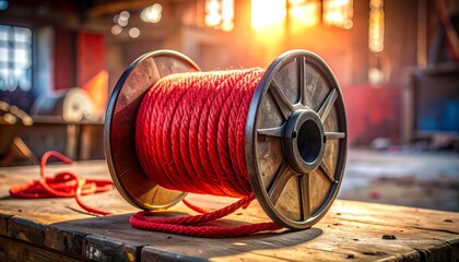 Red rope spool in sunlit industrial setting