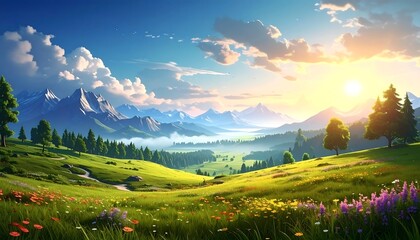 Obraz premium Lush mountain landscape at sunrise (4)