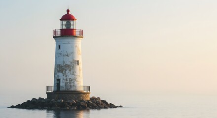 A weathered, white lighthouse with a red cap stands tall on a rocky island in the calm, misty ocean at sunrise.