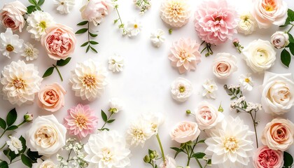 Elegant floral arrangement with roses and dahlias on a clean white backdrop