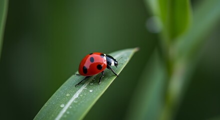 Fototapeta premium A vibrant red ladybug with black spots rests delicately on a slender green leaf, surrounded by blurred foliage.