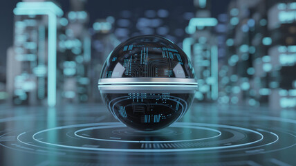 Futuristic surveillance camera with glowing blue digital interface and city skyline background representing advanced security and technology
