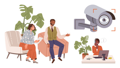 Two colleagues discuss work in a modern office lounge while a receptionist works at her desk under surveillance. Ideal for office safety, security, workspace design, teamwork, productivity