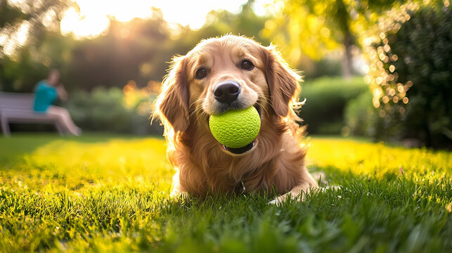 Dog Holding a Ball in a Garden: A Concept of Animals and Playtime
