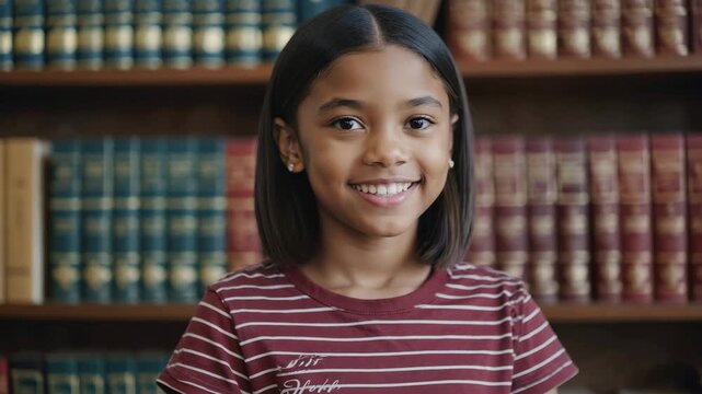 A young girl standing in front of a bookshelf, showcasing her infectious smile and radiating warmth. She is facing the camera. The bookshelf is filled with books.