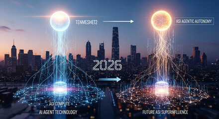 Futuristic cityscape with glowing energy beams connecting to the sky symbolizing technological advancement and progress in the year 2026