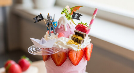 Whimsical pirate themed strawberry milkshake adorned with whipped cream fresh strawberries chocolate and playful pirate flags creating a fun and festive dessert