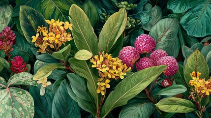Vibrant close-up of lush tropical foliage with yellow, red, and pink exotic flowers in a dense botanical garden.