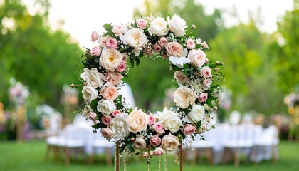 Elegant floral wreath adorns an outdoor wedding ceremony on a bright sunny day