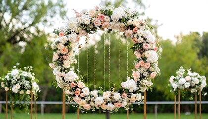 Elegant floral wedding arch with white and peach roses in a green outdoor setting