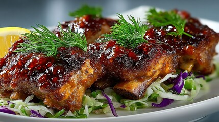 Glazed ribs with garnish served on a white plate with shredded lettuce.