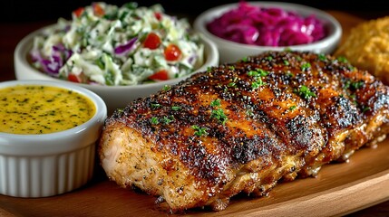 Roasted meat with sides including slaw pickled onions and sauce on wood.
