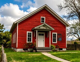Obraz premium Red schoolhouse under a cloudy sky
