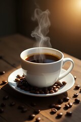 Freshly brewed hot black coffee in a white cup with aromatic steam rising, surrounded by roasted beans on a wooden table in morning light