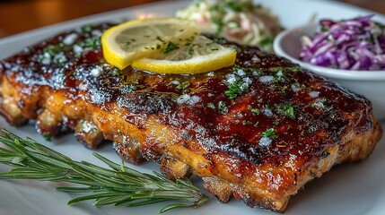 Grilled ribs with lemon and salad on a white plate close up.