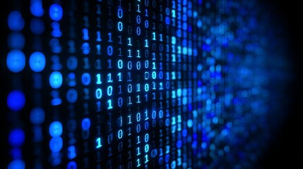 Dynamic stream of glowing blue binary code cascades across a dark digital landscape, symbolizing data flow and abstract technology.