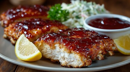 Three pieces of glazed chicken with coleslaw lemon and sauce on plate.