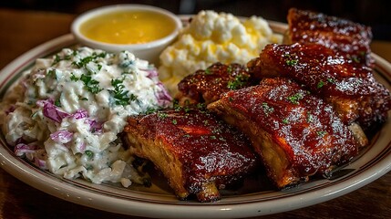 Plate of ribs with coleslaw mashed potatoes and sauce on a wooden table.
