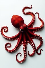 Vibrant red octopus with elegantly curled tentacles, captured from a high angle against a clean white background, showcasing its unique marine form