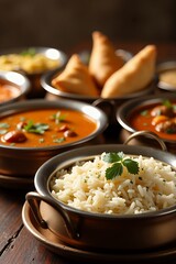 Indian Cuisine Assortment with Samosas, Curries, and Rice Served in Traditional Metal Bowls on a Wooden Table