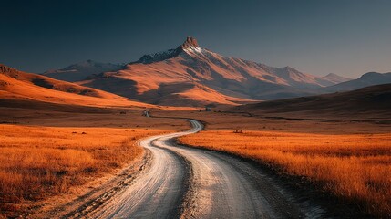 Road leads to mountain under dark blue sky through dry grass field.