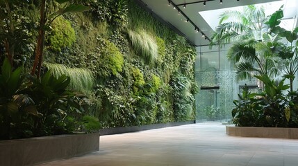 Modern indoor space with a lush green living wall and various tropical plants, featuring natural light and a serene atmosphere.