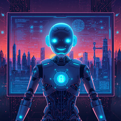 Futuristic robot with glowing blue eyes and chest emblem stands in front of a digital screen displaying a cityscape and data representing artificial intelligence and technological advancement