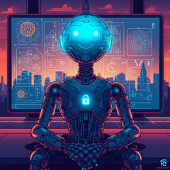 Futuristic robot with glowing blue head and chest emblem sits in front of a large screen displaying city data and charts in a cyberpunk setting