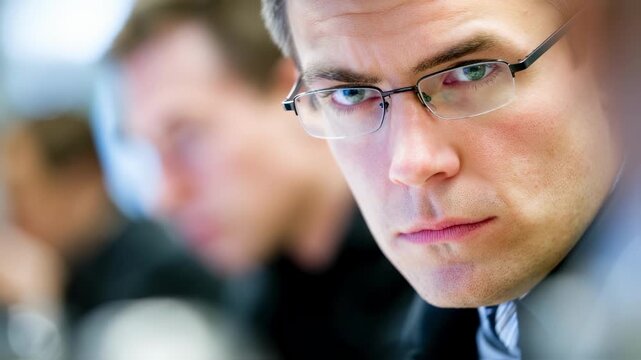 Focused view of a moderators face expressing concentration the office behind out of focus highlighting the seriousness of content overturn decisions.