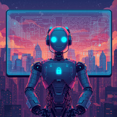 Futuristic humanoid robot with glowing blue eyes stands in front of a large digital screen displaying city data against a vibrant sunset sky