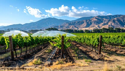 Naklejka premium Vineyard irrigation under a sunny sky