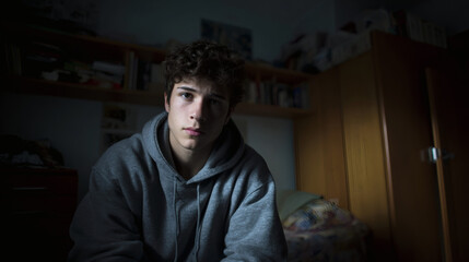 Fototapeta premium Young Man in Modest Room with Serious Expression, Surrounded by Simple Furniture, Suspenseful and Dark Atmosphere